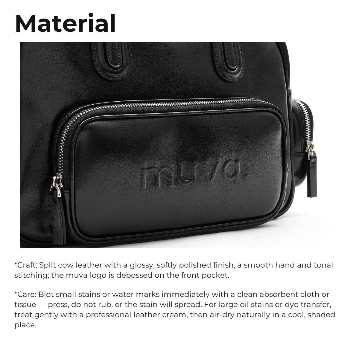 Material: split cow leather, and care instructions