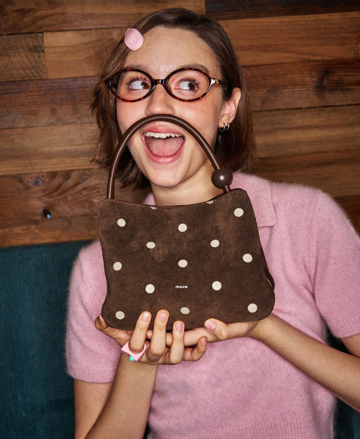 Model carrying the ZhuZhu Slouch Bag in Polka Dot