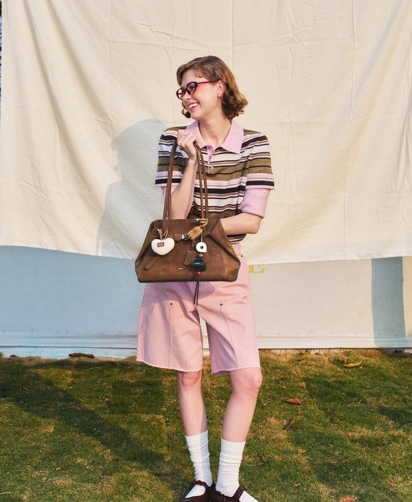 Tab Strap Fold-Over Shoulder Bag · Microsuede · Latte Brown