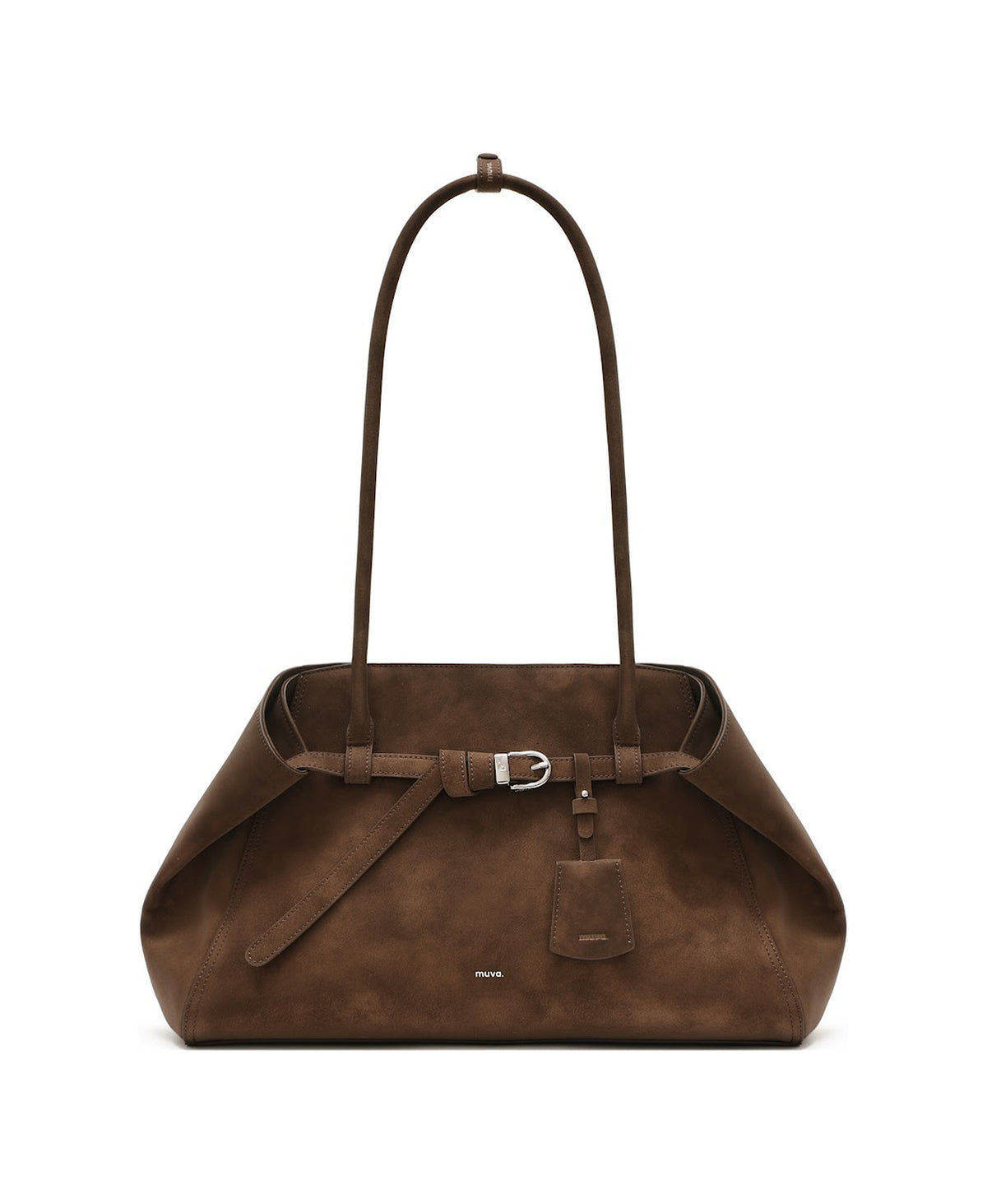 Tab Strap Fold-Over Shoulder Bag · Microsuede in Latte Brown