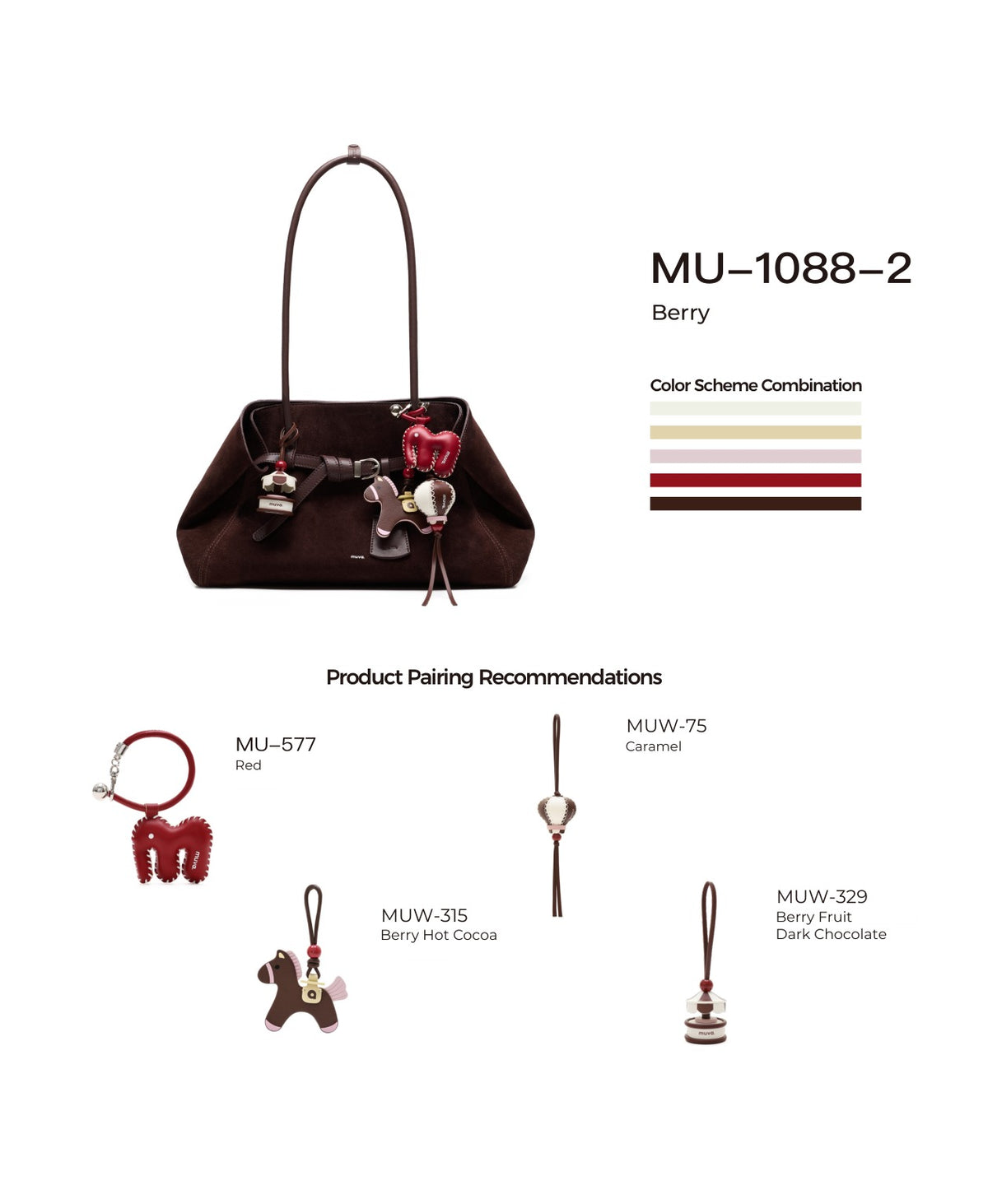Tab Strap Fold-Over Shoulder Bag · Suede · Berry with its matching charms: official pairing guide