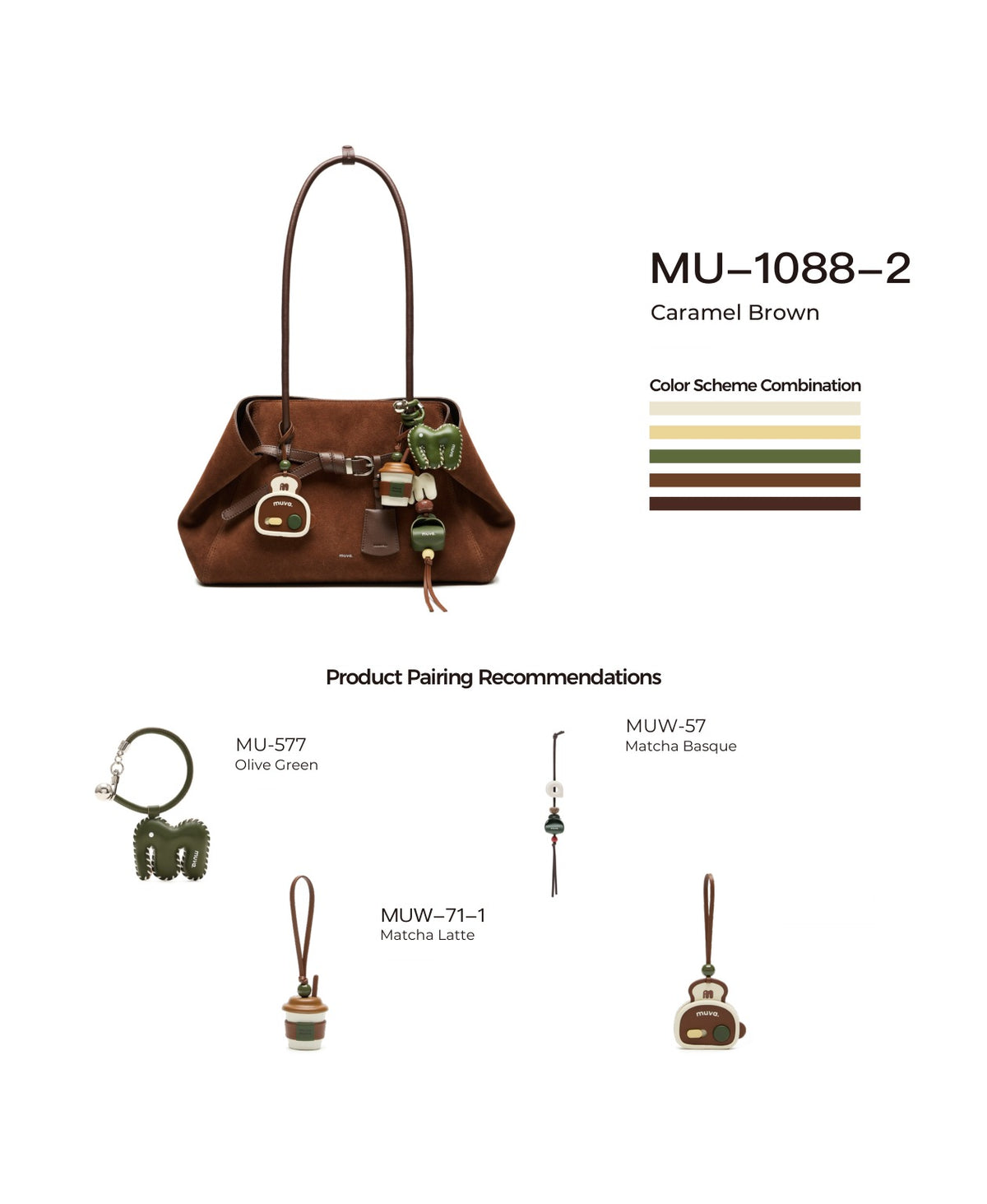 Tab Strap Fold-Over Shoulder Bag · Suede · Caramel Brown with its matching charms: official pairing guide