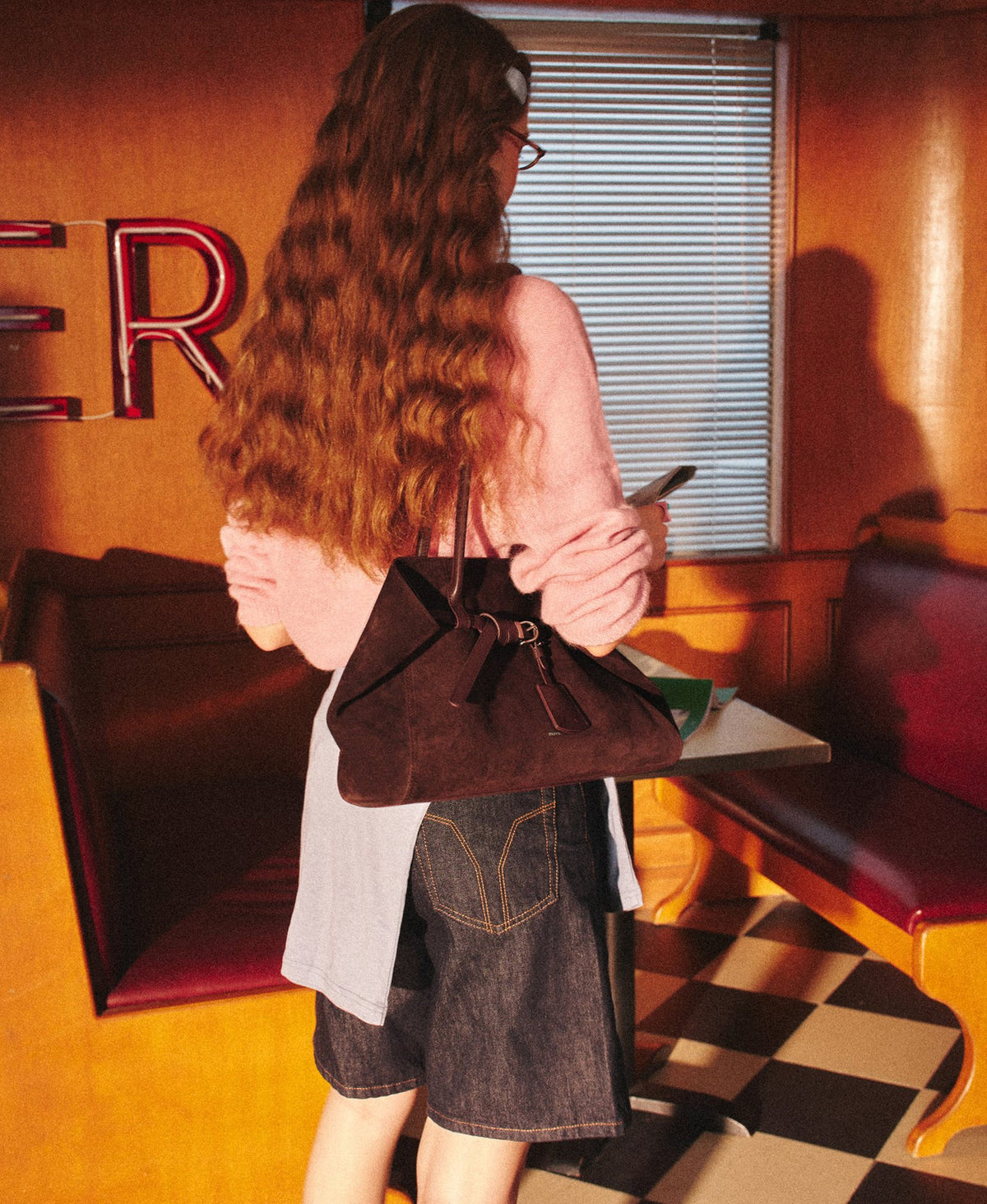 Tab Strap Fold-Over Shoulder Bag · Suede · Berry