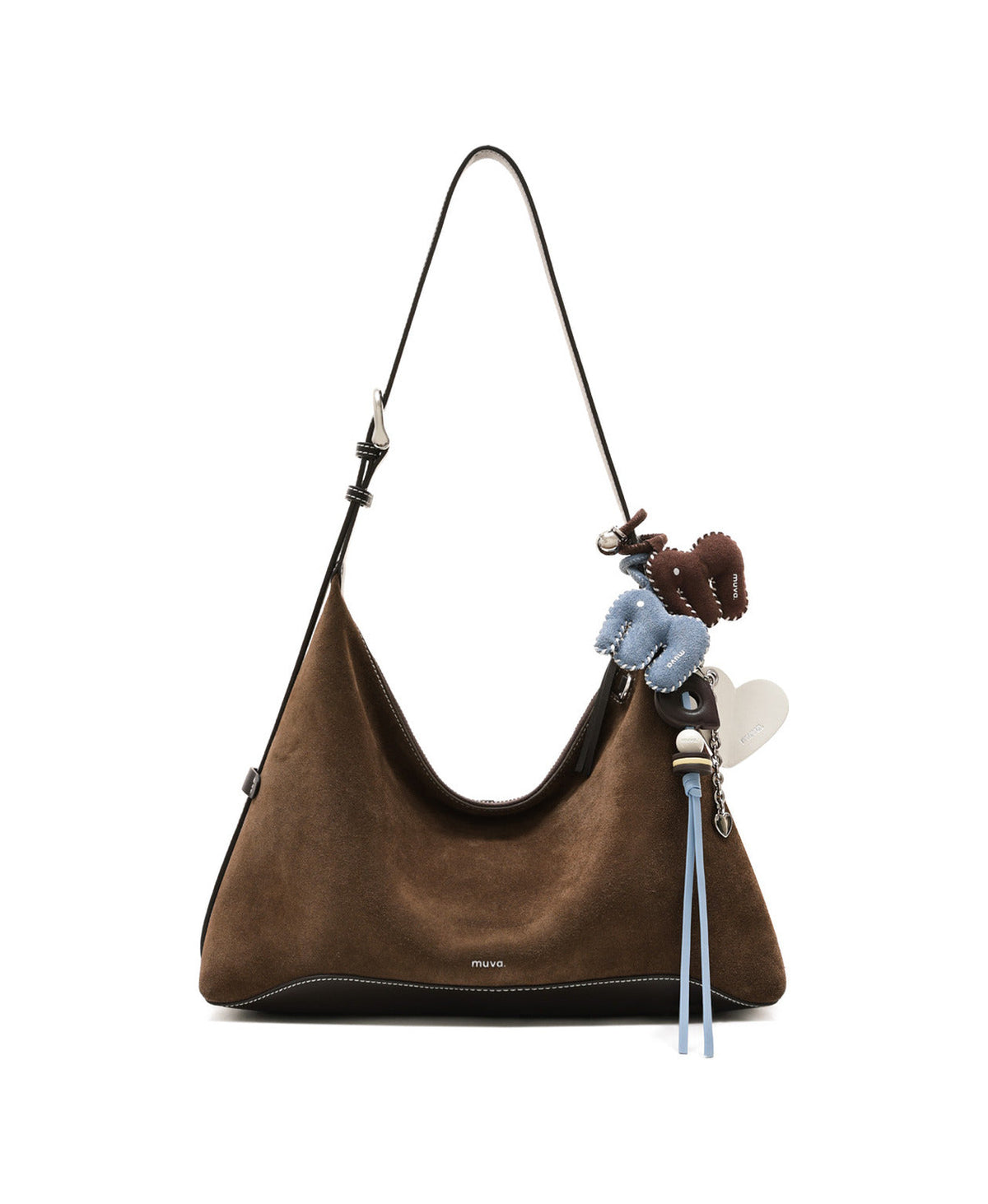 A Letter Charm (Misty Blue Coffee) styled on Companion Meadow Bag · Caramel Brown