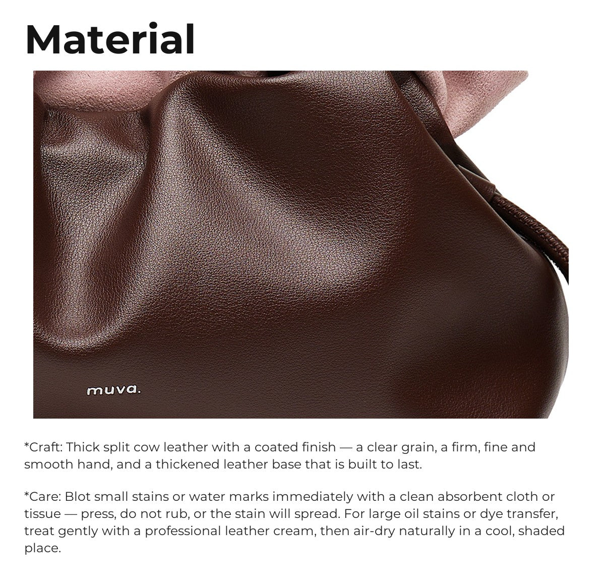 Material: split cow leather with a coated finish, and care instructions