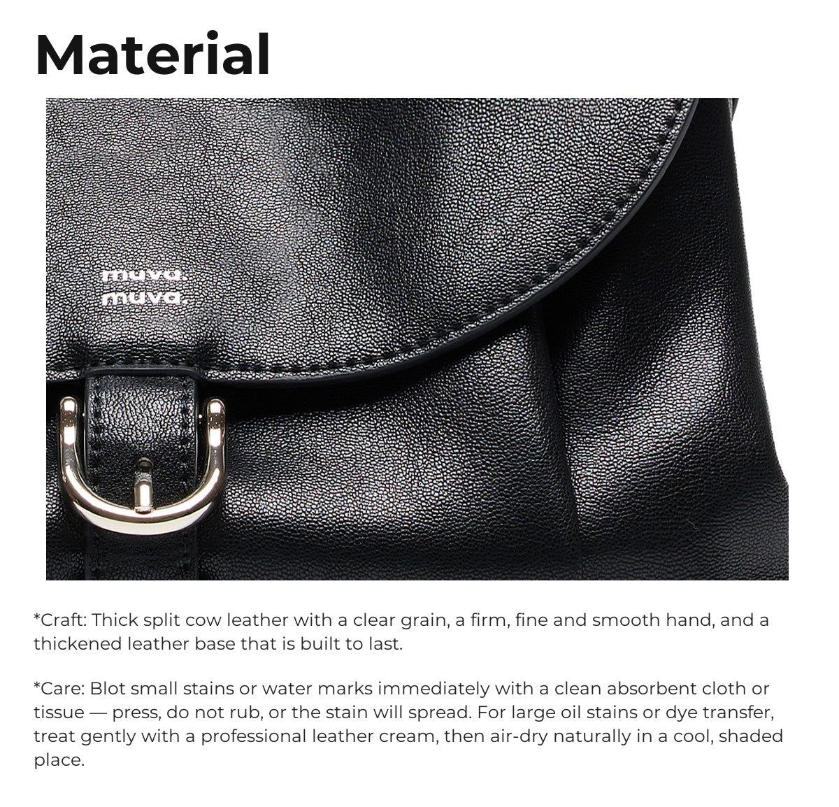 Material: split cow leather, and care instructions