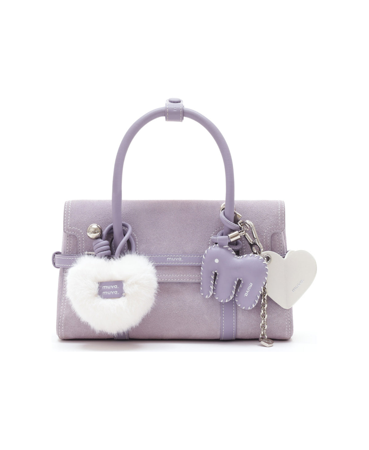 Plush Heart Charm · Short (Purple Yam) styled on Hopscotch Tales Hopscotch Bag · Pastel Suede · Purple Yam