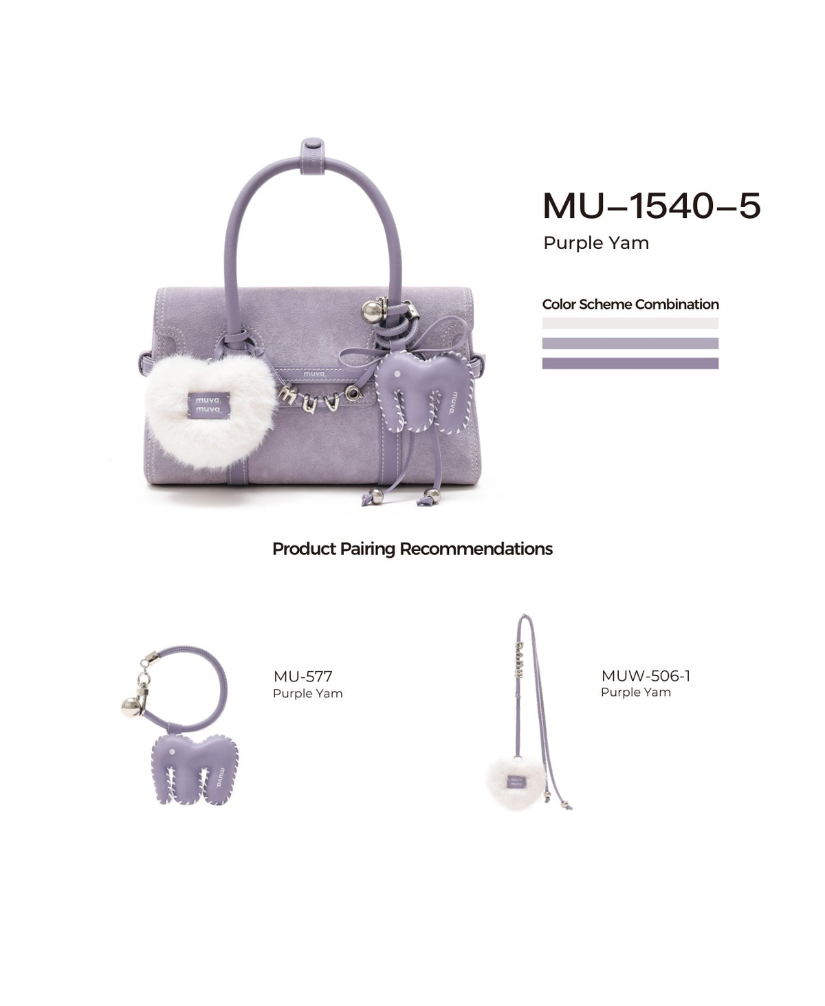 Hopscotch Tales Hopscotch Bag · Pastel Suede · Purple Yam with its matching charms: official pairing guide