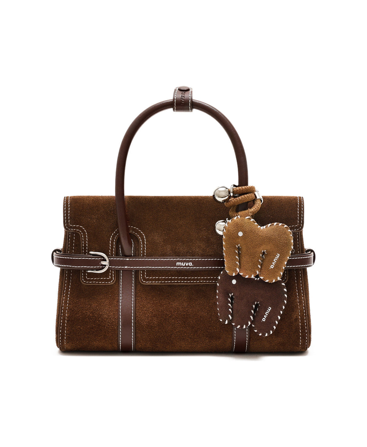 Suede Little Elephant Charm (Caramel Brown, Dark Brown) styled on Hopscotch Tales Hopscotch Bag · Suede · Caramel Brown