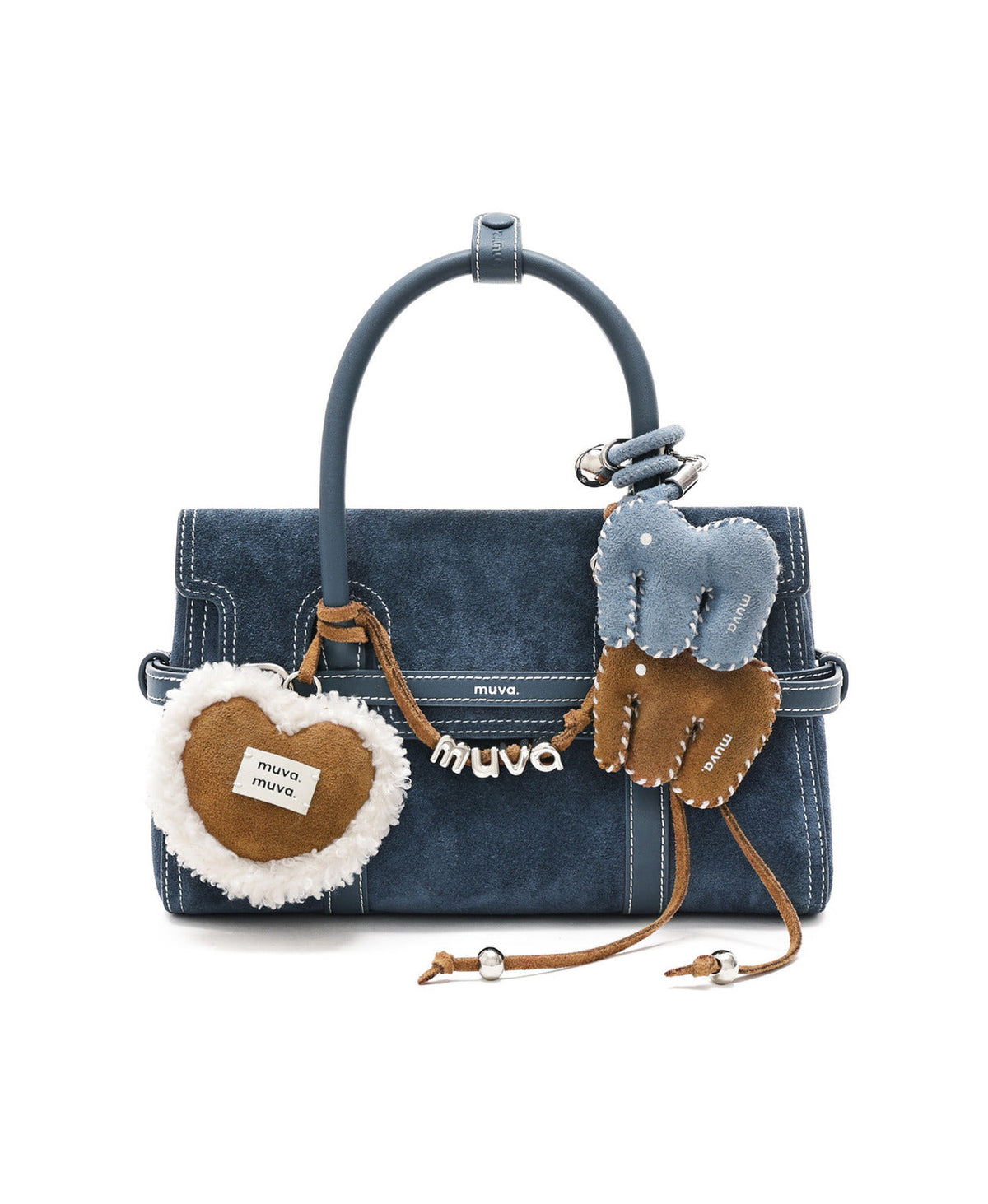 Caramel Cream Heart Lanyard (Caramel Cream) styled on Hopscotch Tales Hopscotch Bag · Suede · Denim Blue