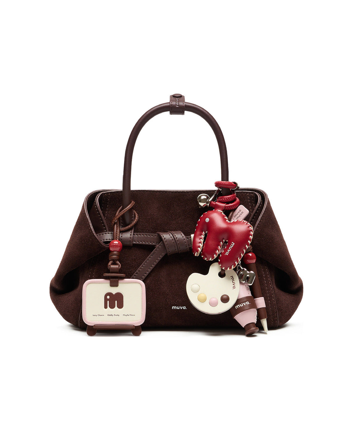 Little Artist Paintbrush Charm (Raspberry Cocoa) styled on Tab Strap Fold-Over Handbag · Suede · Berry