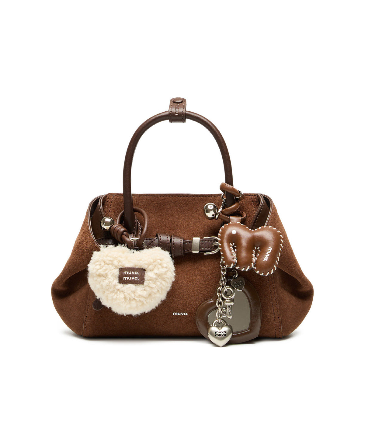Little Elephant Charm (Latte Brown) styled on Tab Strap Fold-Over Handbag · Suede · Caramel Brown