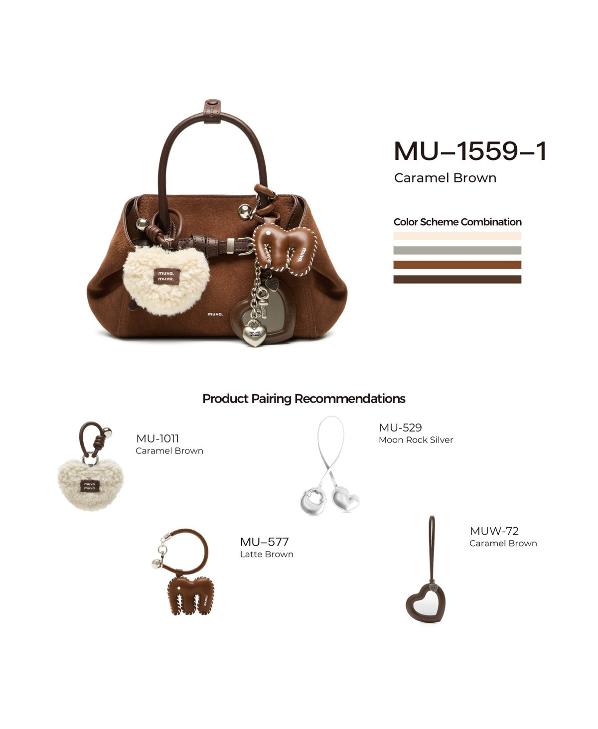 Tab Strap Fold-Over Handbag · Suede · Caramel Brown with its matching charms: official pairing guide