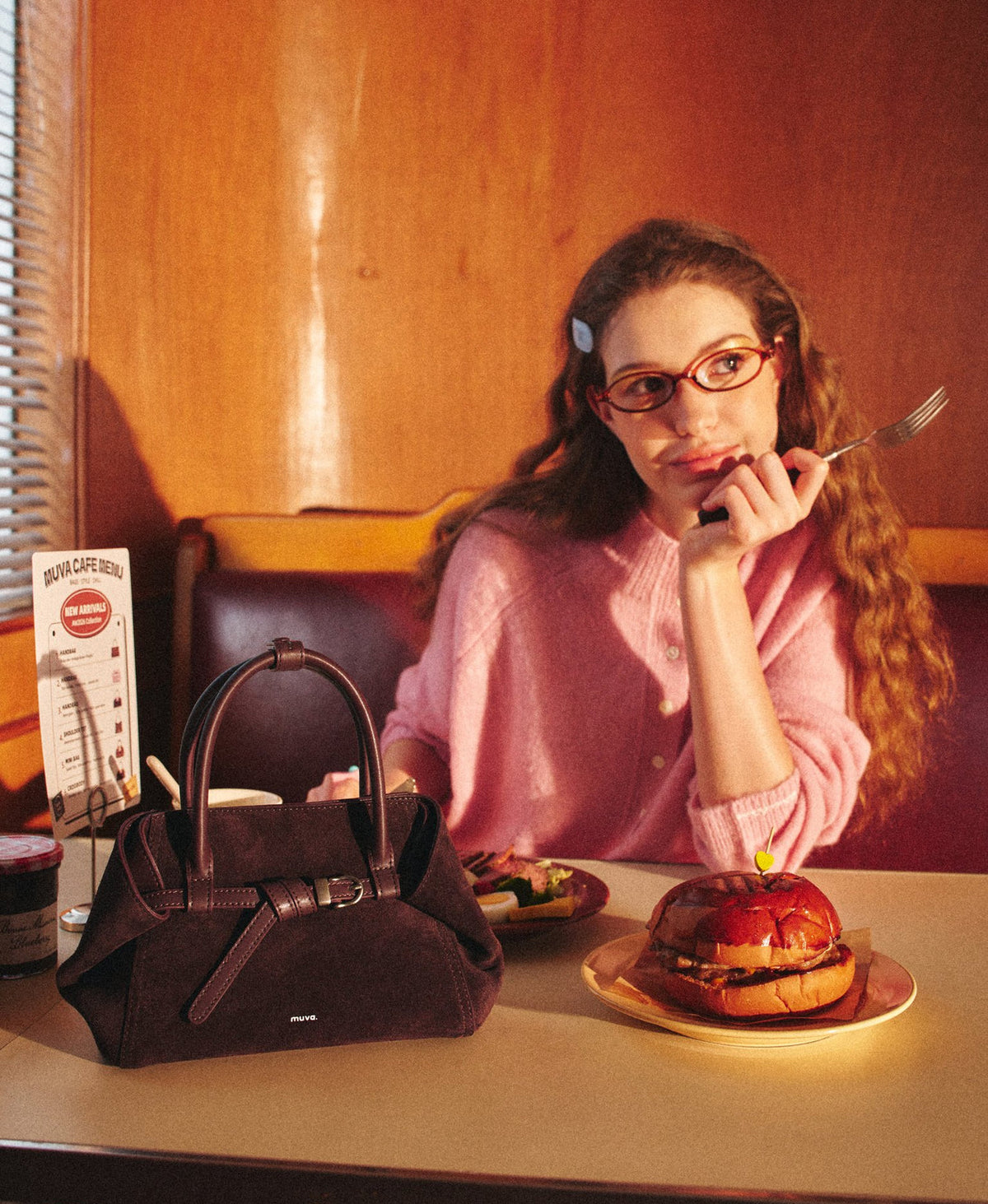 Tab Strap Fold-Over Handbag · Suede · Berry