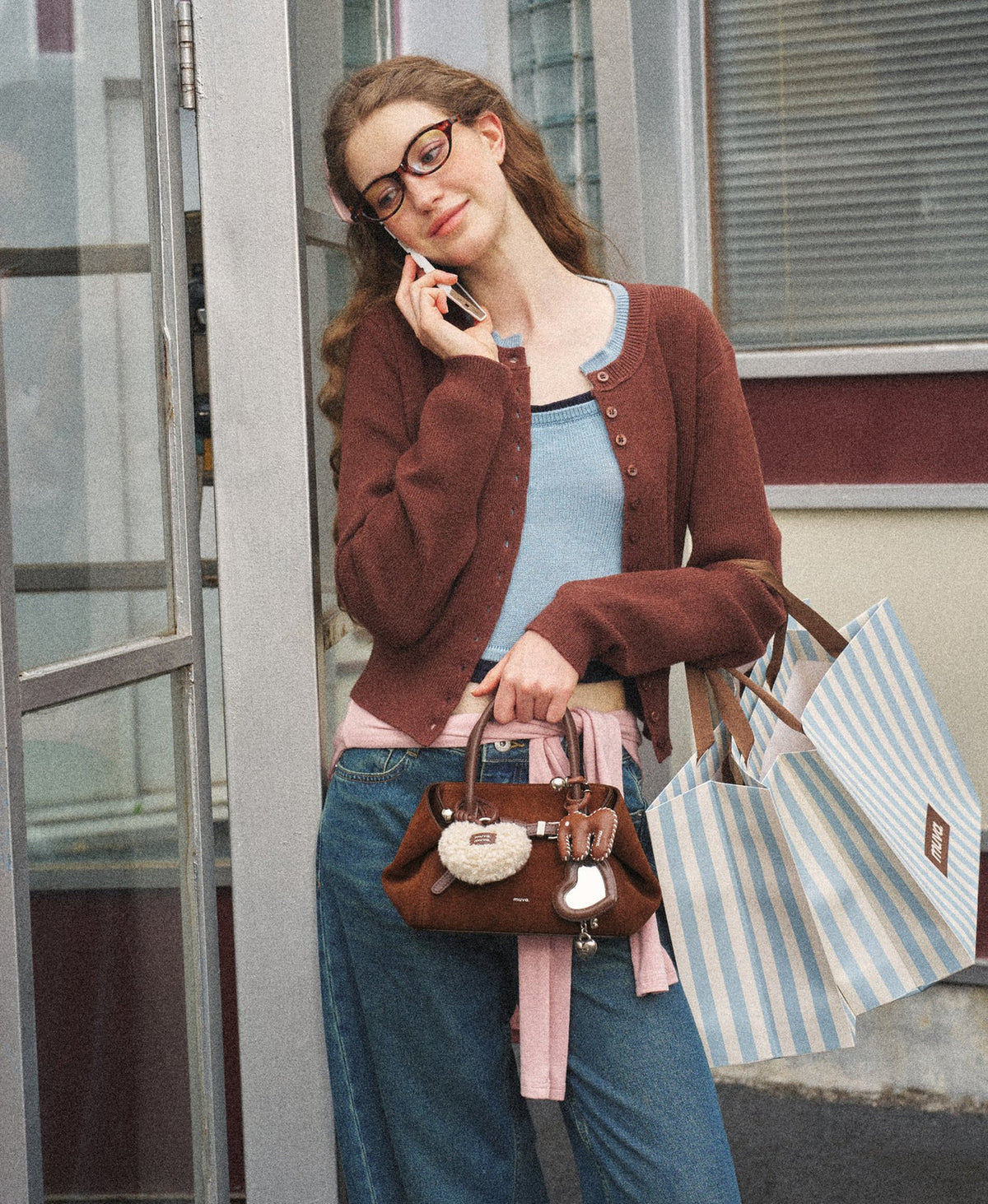 Tab Strap Fold-Over Handbag · Suede · Caramel Brown