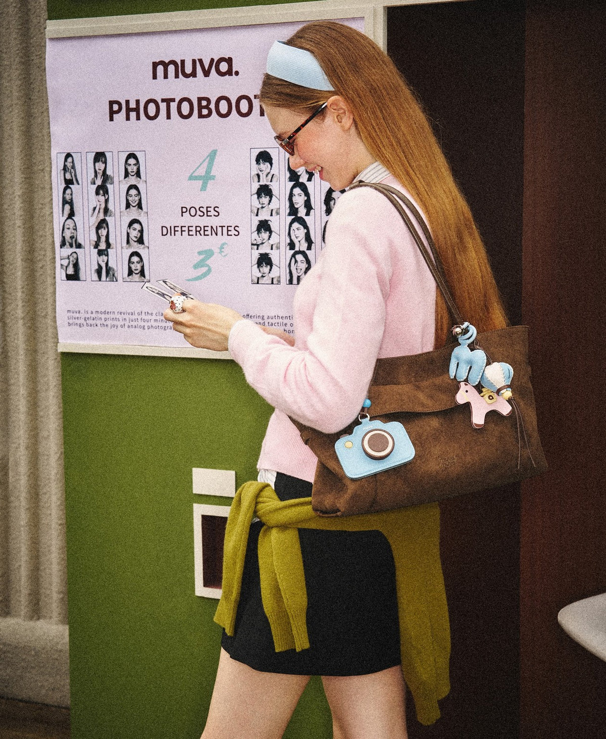 Model carrying the Fold Fun Shoulder Bag in Caramel Brown
