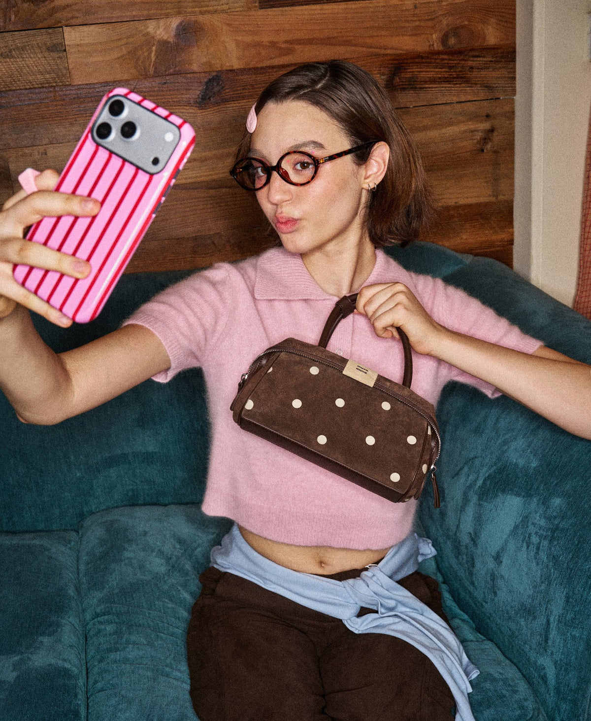 Model carrying the Sweet Layers Bag in Polka Dot