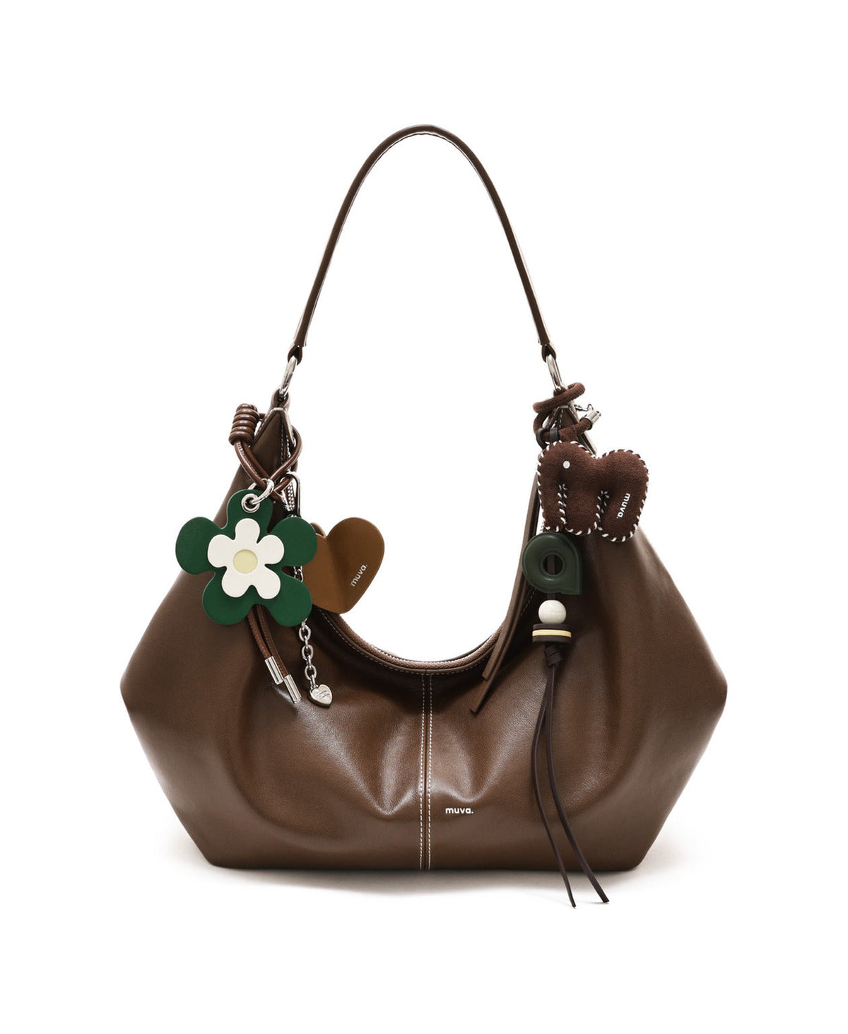 A Letter Charm (Sunset Forest) styled on Flower Pot Bag · Caramel Brown