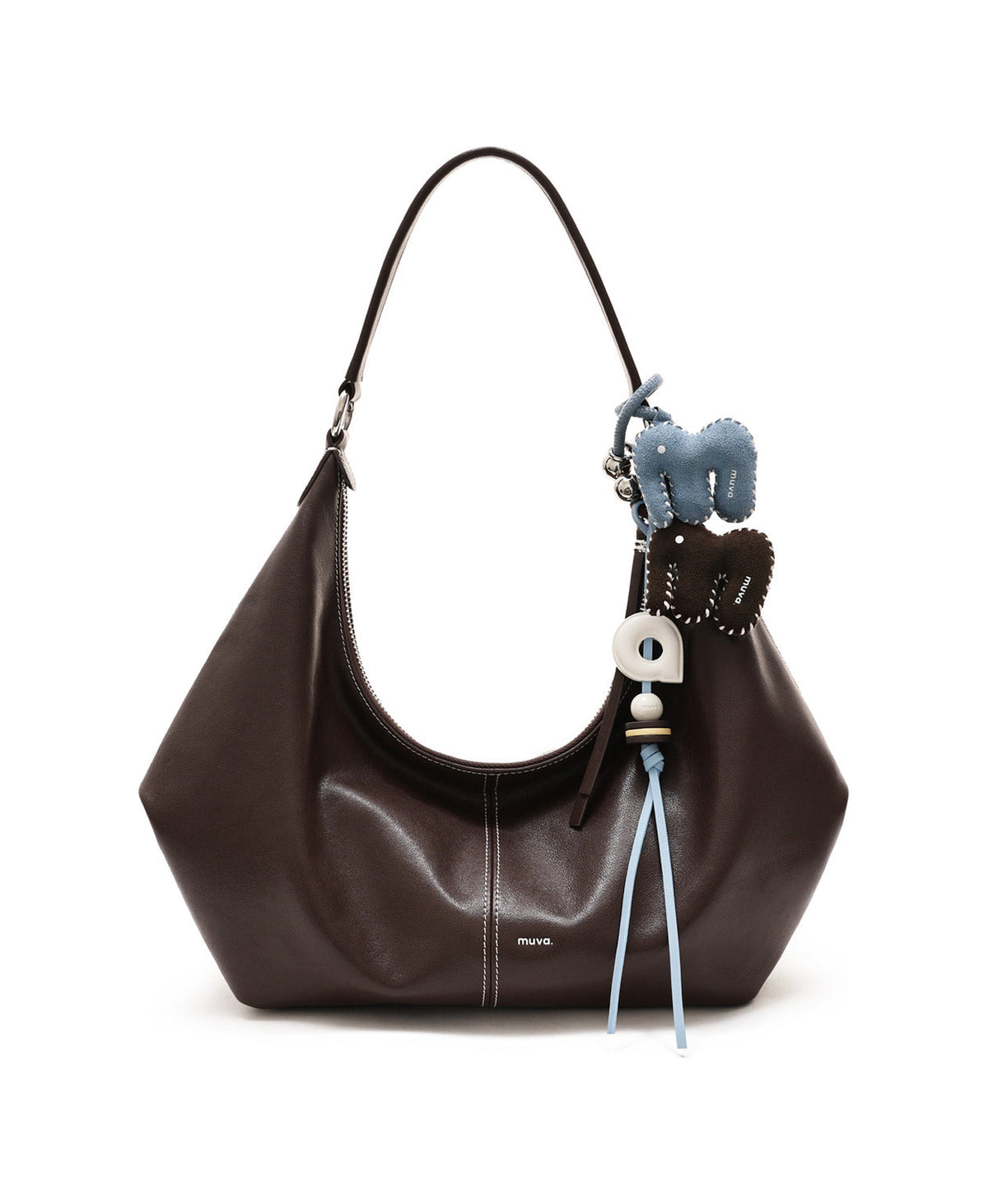 A Letter Charm (Ice Coconut Milk) styled on Flower Pot Bag · Chocolate Brown