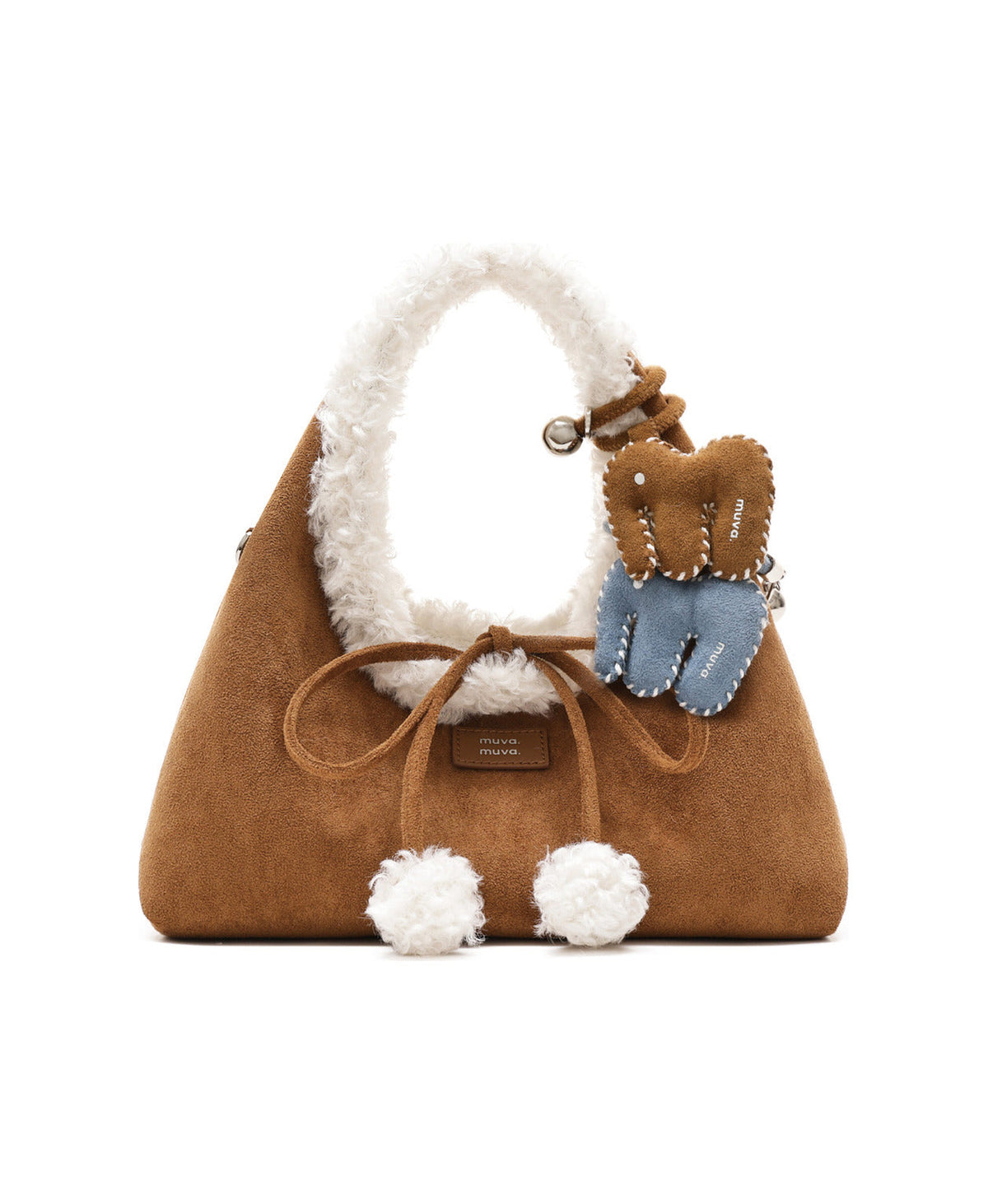 Suede Little Elephant Charm (Denim Blue) styled on Roly-Poly Triangle Onigiri Bag · Fluffy