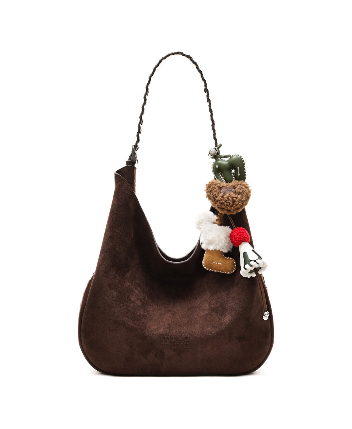 Christmas Cedar Bell Charm (Green Cedar) styled on Lace-Up Hobo Bag · Chocolate Brown