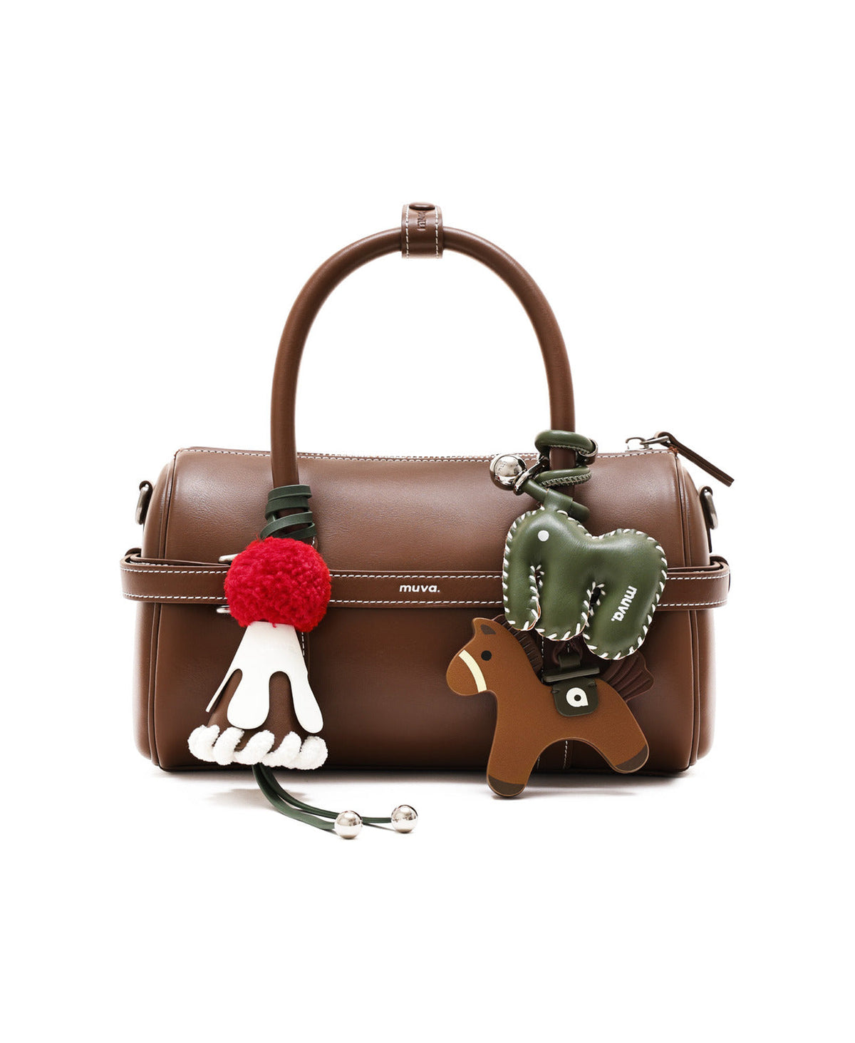 Christmas Cedar Bell Charm (Brown Cedar) styled on Hopscotch Tales Pillow Bag · Caramel Brown