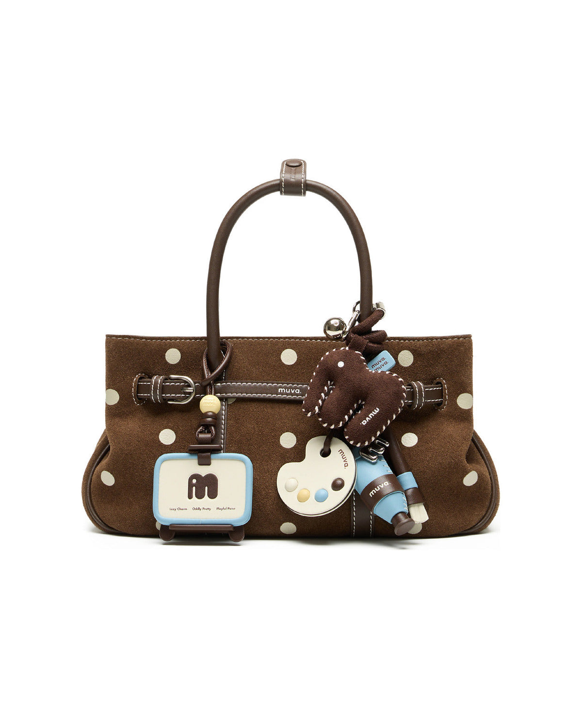 Little Artist Paintbrush Charm (Sea Salt Latte) styled on Hopscotch Tales Garden Bag · Polka Dot · Chestnut Bobo