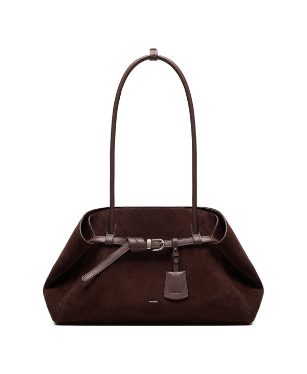 Tab Strap Fold-Over Shoulder Bag · Suede · Berry