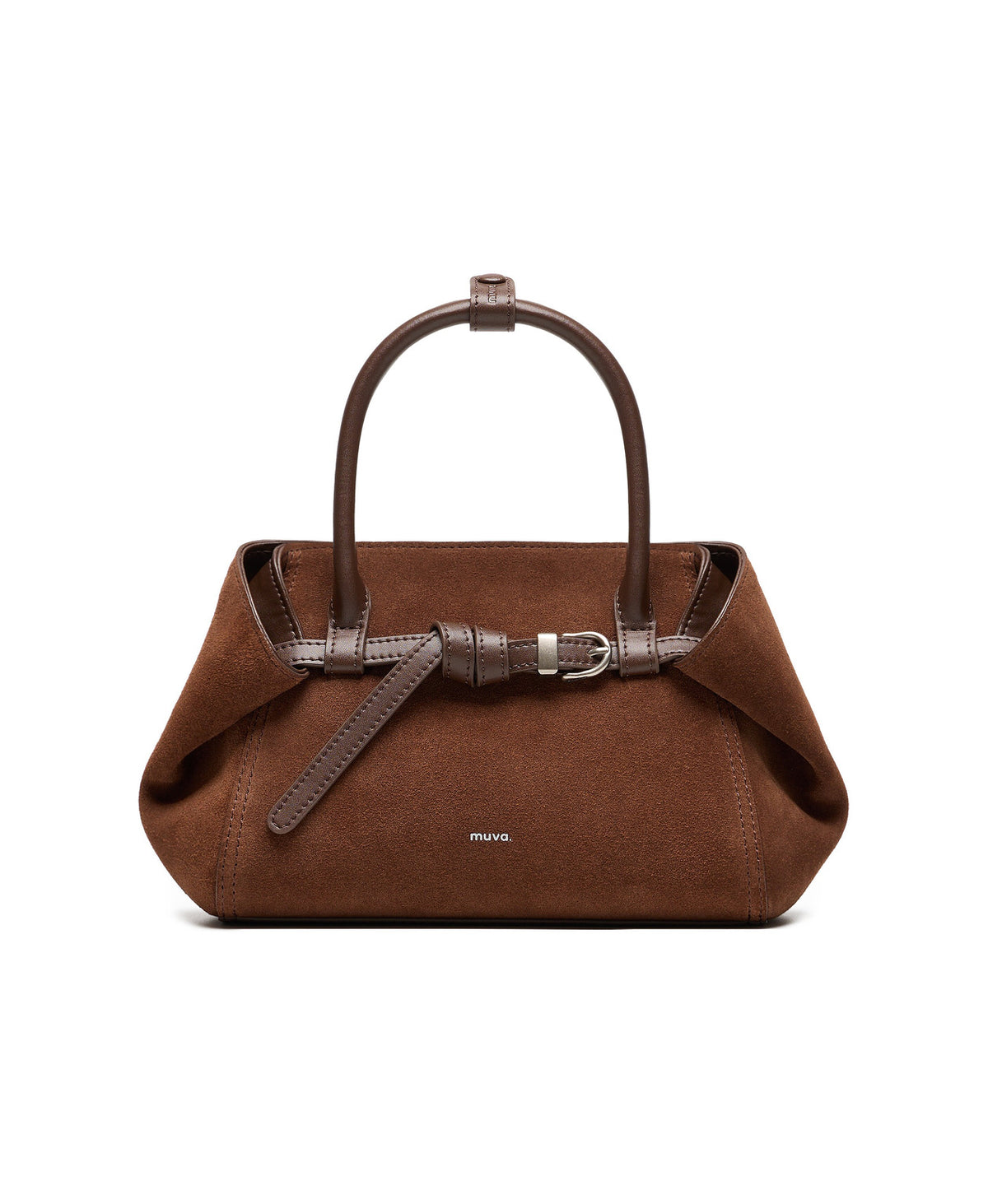 Tab Strap Fold-Over Handbag · Suede · Caramel Brown