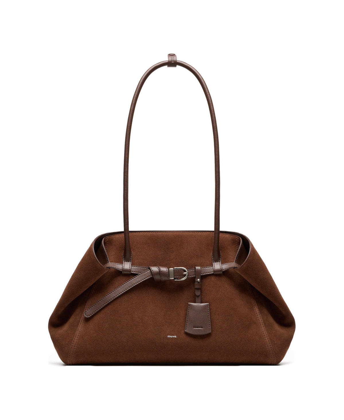 Tab Strap Fold-Over Shoulder Bag · Suede · Caramel Brown